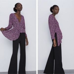 Zara V-Plunge Floral Print Zip Side Blouse